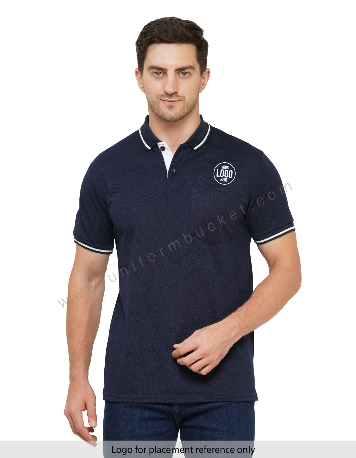 NAVY BLUE T-SHIRT WITH COLLAR & SLEEVE WHITE TIPPING view 1